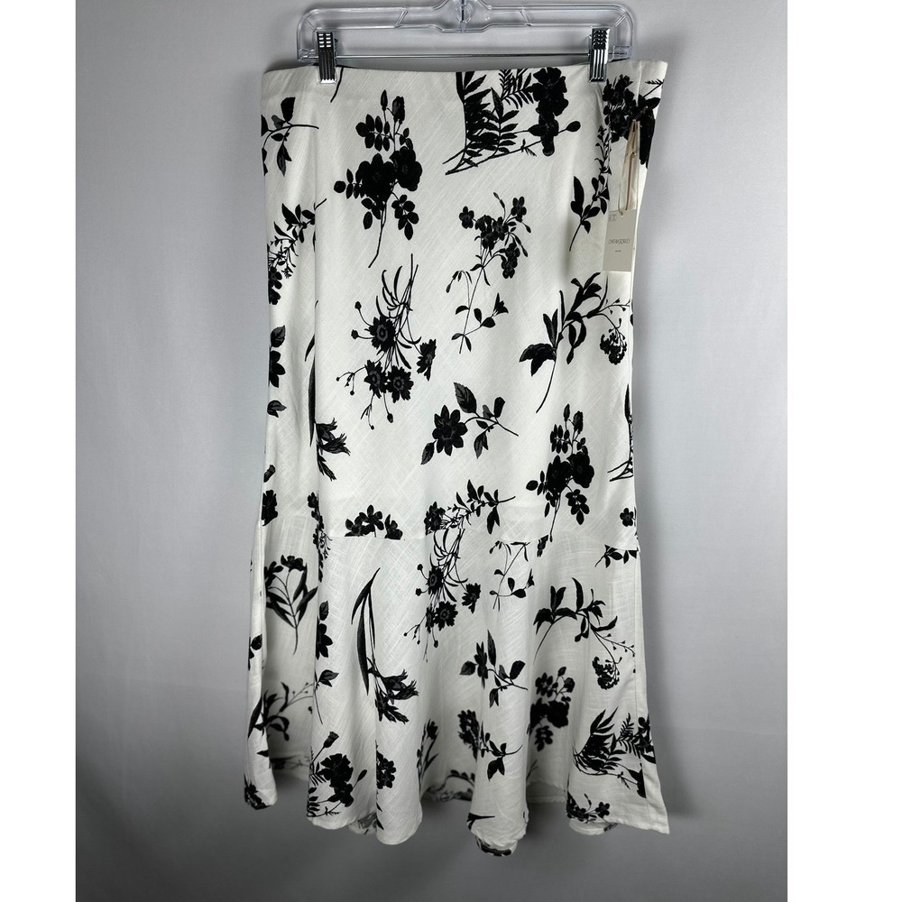 Cynthia Rowley Linen Blend Skirt L White Black Floral Whimsigoth Cottagecore